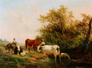 A Summer Landscape With A Peasantwoman And Cattle By A Stream by Hendrik van de Sande Bakhuyzen