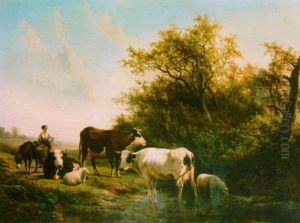 A Peasant Woman With Cows In A Landscape by Hendrik van de Sande Bakhuyzen
