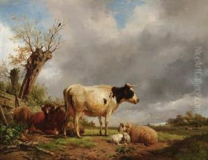 Kuhe Und Schafe In Hollandischer Polderlandschaft by Hendrik van de Sande Bakhuyzen