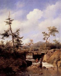 A Hilly Landscape With Two Figures On A Rock By A Bridge
