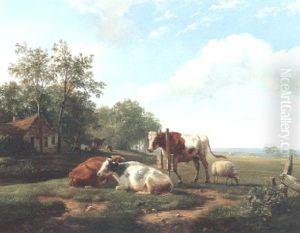 A Collared Bull And Cattle In A Wooded Landscape by Hendrik van de Sande Bakhuyzen