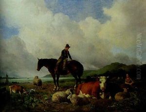 Countryfolk With Cows And Sheep By An Estuary by Hendrik van de Sande Bakhuyzen