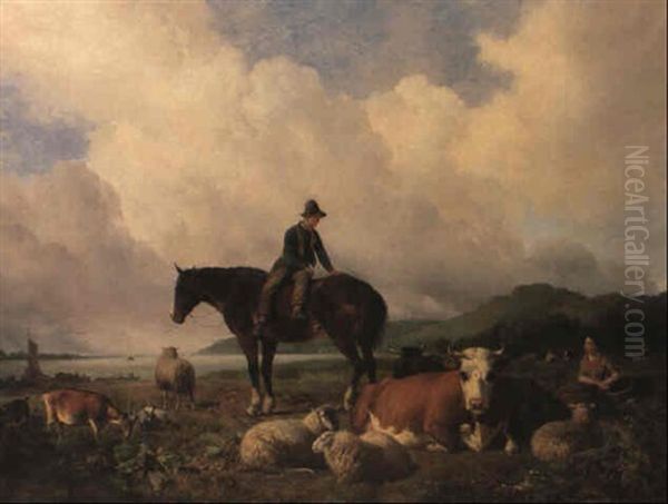 Country Folk With Cows And Sheep By An Estuary - view 1