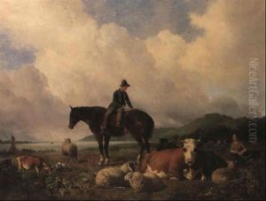 Country Folk With Cows And Sheep By An Estuary by Hendrik van de Sande Bakhuyzen