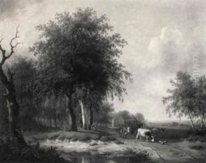 A Wooded Landscape With A Horseman Conversing With A Herdsman by Hendrik van de Sande Bakhuyzen