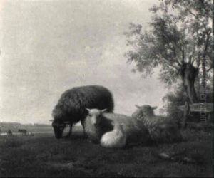 Sheep In A Wooded Meadow by Hendrik van de Sande Bakhuyzen