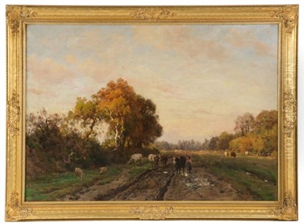 Pastoral Scene With Woman Driving Cows Home Down A Lane - view 1