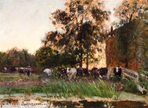 Melktijd by Julius Jacobus Van De Sande Bakhuyzen