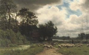 Na De Regenbui - Herding The Sheep by Julius Jacobus Van De Sande Bakhuyzen