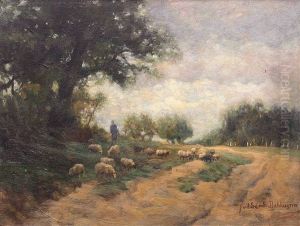 Schafer Und Herde Am Wegrand Im Schatten Einer Eiche by Julius Jacobus Van De Sande Bakhuyzen