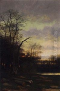 A Forest Landscape At Dusk by Julius Jacobus Van De Sande Bakhuyzen