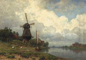 A Cloudy Day: A Windmill By A River A Cloudy Day: A Windmill By A River