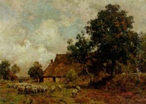 A Summer Landscape With A Shepherd And A Flock Passing A Cottage by Julius Jacobus Van De Sande Bakhuyzen