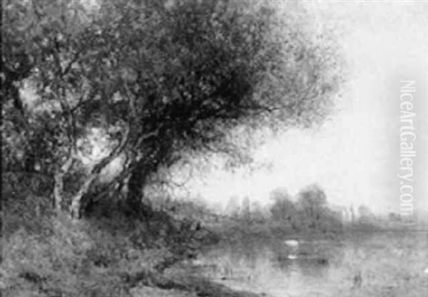 A Wooded Landscape With An Angler On A Riverbank, At Sunset - view 1