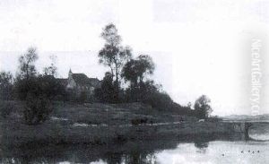 A Horse-drawn Cart On A Towing Path Near A Castle