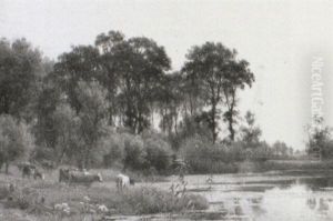 Cattle Watering By The Lake by Julius Jacobus Van De Sande Bakhuyzen
