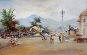 Javanese Village Square With Market Sellers And Horse-drawn Carriages Javanese Village Square With Market Sellers And Horse-drawn Carriages