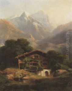 Bauernhaus Im Haslithal. Im Hintergrund Blick Auf Ein Bergmassiv Mit Gletscher by Julius Bakof