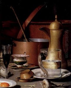 A Kitchen Still Life Of A Glass Jug Of Water, Glasses, A Fried Egg And Other Utensils by Filippo Balbi