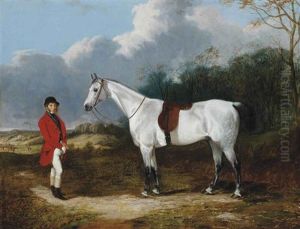 A Gentleman And His Dappled Grey Hunter, In An Extensive Landscape With A Hunt Beyond by James Walsham Baldock