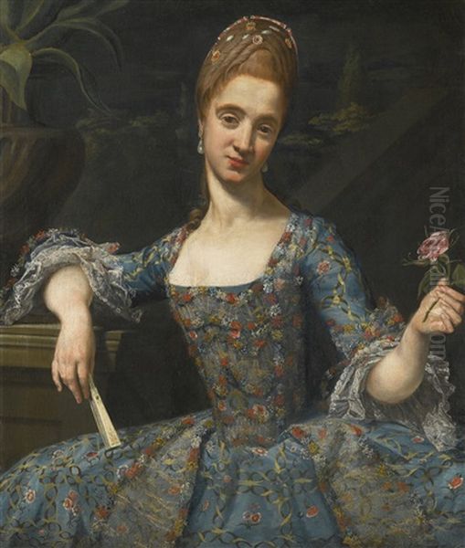 Portrait Of A Lady In An Elaborately Embroidered Blue Dress - view 1