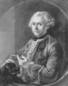 Homme Caressant Son Chien, Vus Dans Un Medaillon