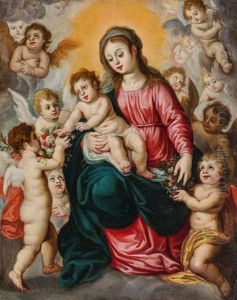 Madonna With Child Surrounded By Angels Handing Flowers by Hendrik van Balen the Elder