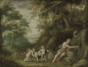Saint John The Baptist With Two Putti And A Lamb In A Rocky Landscape by Hendrik van Balen the Elder
