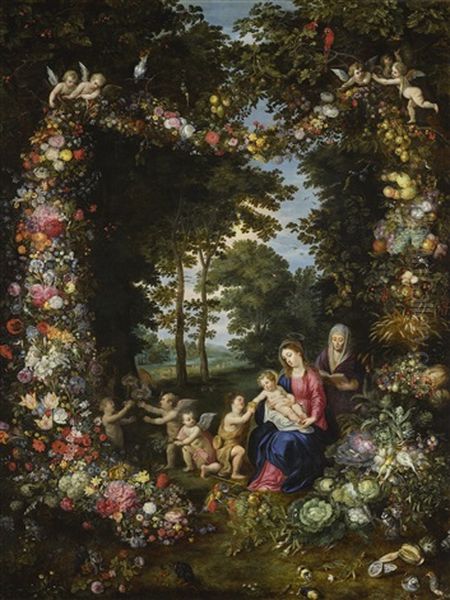 The Virgin And Child, The Infant Saint John The Baptist With Saints Anne And Agnes, All In A Wooded Glade, Surrounded By A Garland Of Fruit, Vegetables, Flowers, Animals And Angels - view 1