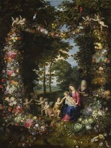 The Virgin And Child, The Infant Saint John The Baptist With Saints Anne And Agnes, All In A Wooded Glade, Surrounded By A Garland Of Fruit, Vegetables, Flowers, Animals And Angels by Hendrik van Balen the Elder