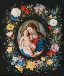 A Floral Garland Surrounding A Cartouche With The Madonna And Child