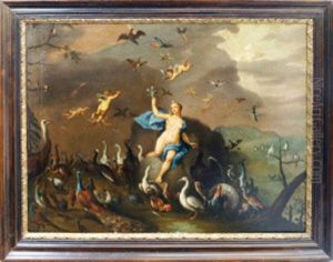 Allegorical Figure Holding A Globe And Feathers With Birds And Putti Surrounding by Hendrik van Balen the Elder