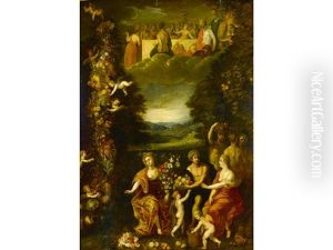 Figures Celebrating With Fruits Of The Harvest With The Gods Of Olympus Feasting In The Sky Above by Hendrik van Balen the Elder