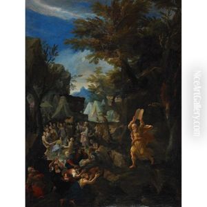 Moses Breaks The Tablets Of The Law After Coming Down Mount Sinai Finding The Children Of Israel Worshipping The Golden Calf And Rejoicing In The Spring Issuing From Rocks At An Encampment
