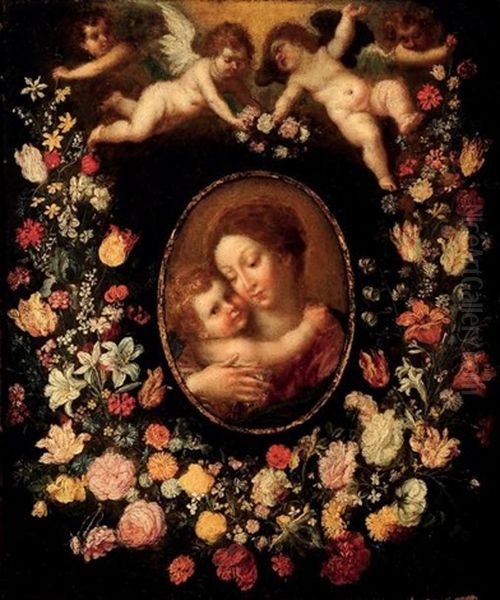 Anges Au Dessus D'une Guirlande De Fleurs Couronnant La Vierge Et L'enfant - view 1