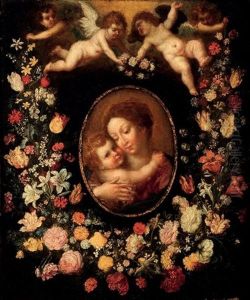 Anges Au Dessus D'une Guirlande De Fleurs Couronnant La Vierge Et L'enfant