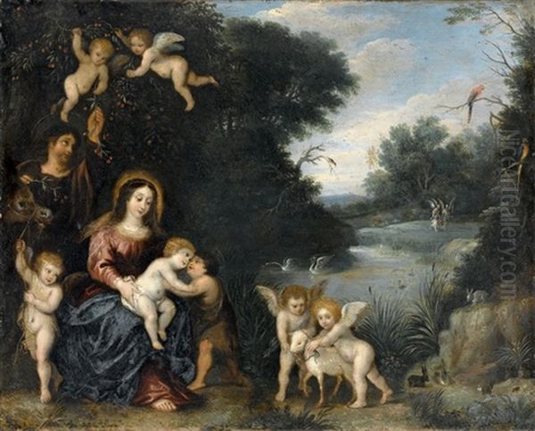 Sacra Famiglia E Angeli In Un Paesaggio - view 1
