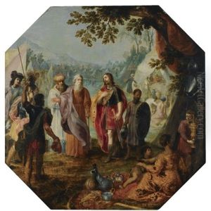 Moses, Pinehas And Eleazar Meeting Officers Of The Army, A Seated Woman With Two Young Children In The Foreground, Surrounded By Jewellery And Other Precious Materials, A View Of The Army Camp Beyond by Hendrik van Balen the Elder