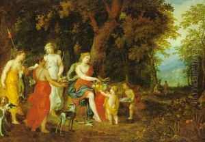 Waldlandschaft Mit Diana, Der Ein Madchen Fruchte Reicht, Mit Ihren Gefahrtinnen