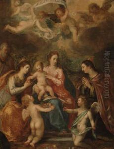 The Holy Family With St. Catherine Of Alexandria, Two Angels... by Hendrik van Balen the Elder