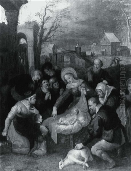 Adoration Of The Shepherds In The Foreground Of A Winter Landscape - view 1