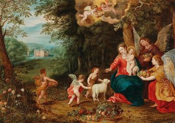 The Holy Family With The Infant Saint John And Angels In A Wooded Landscape With A Moated Castle In The Background - view 1