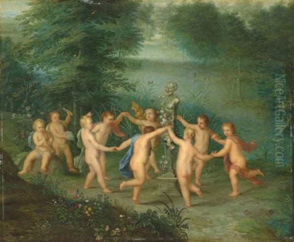 Music-making Putti Dancing Around A Herm Of A Satyr In A Forest - view 1