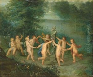 Music-making Putti Dancing Around A Herm Of A Satyr In A Forest by Jan Van Balen