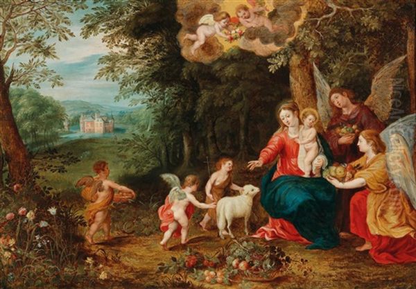 The Holy Family With The Infant Saint John The Baptist And Angels In A Wooded Landscape With A Moated Castle In The Background - view 1
