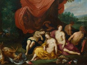 Diana And The Nymphs Sleeping, Watched By The Satyrs by Jan Van Balen