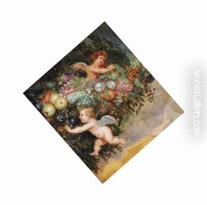 Two Putti With A Garland Of Grapes, Quinces, Apples, Strawberries And Other Fruit