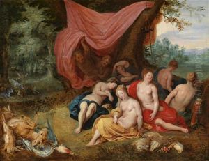Die Schlafende Diana Und Ihre Nymphen Nach Der Jagd, Von Satyrn Belauscht by Jan Van Balen