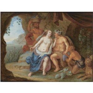 Bacchus With A Nymph Holding A Glass Of Wine, Together With Two Satyrs And A Leopard, In A Grotto, Surrounded By Grapes by Jan Van Balen