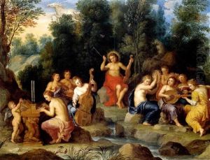 Apollo Und Die Neun Musen Auf Dem Berg Helikon Bei Der Quelle Hippokrene, Die Durch Den Hufschlag Des Geflugelten Pferdes Pegasus by Jan Van Balen